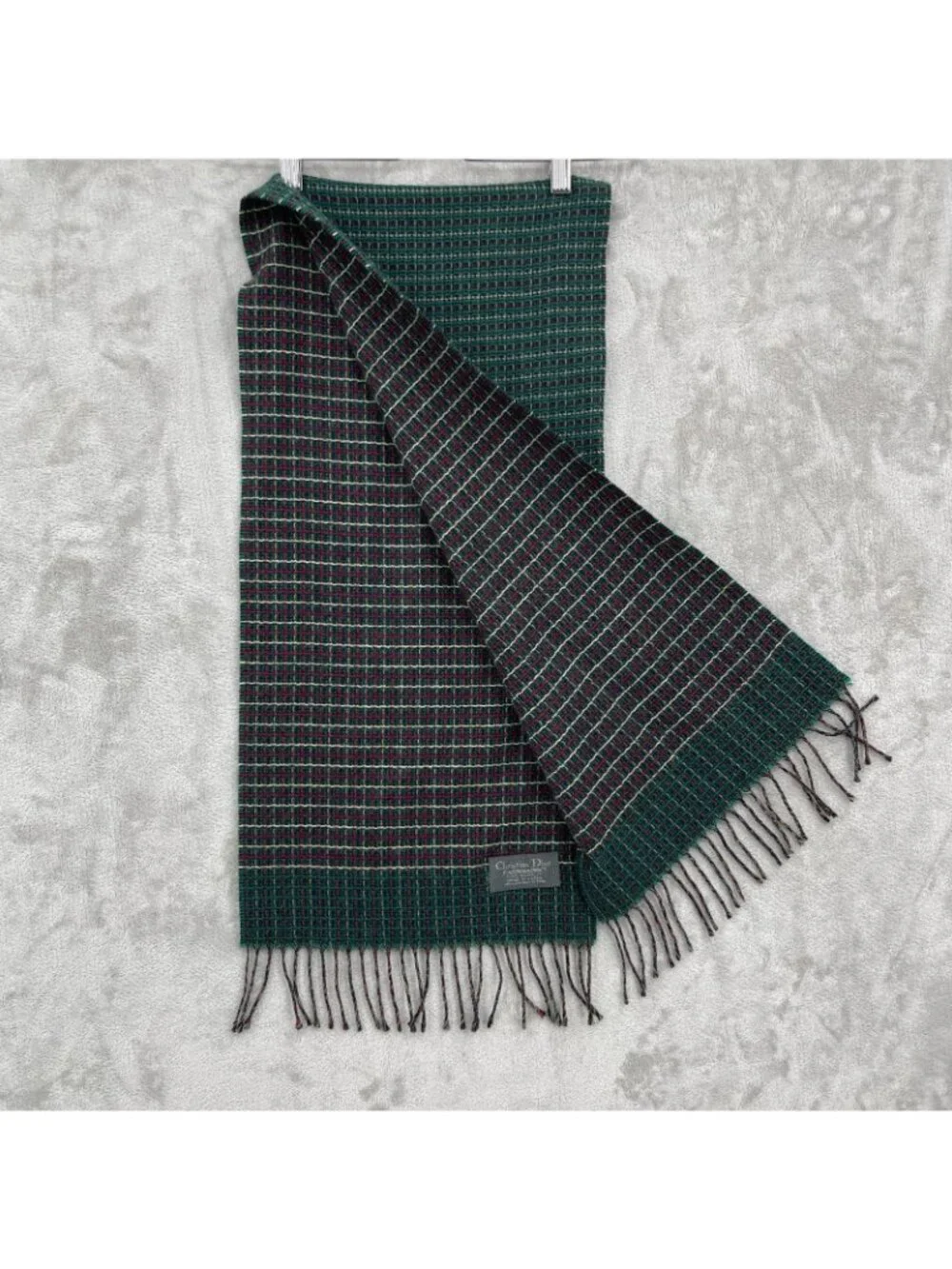 Vintage Christian Dior Cashmaire Acrylic Woven Rectangle Fringe Plaid Scarf